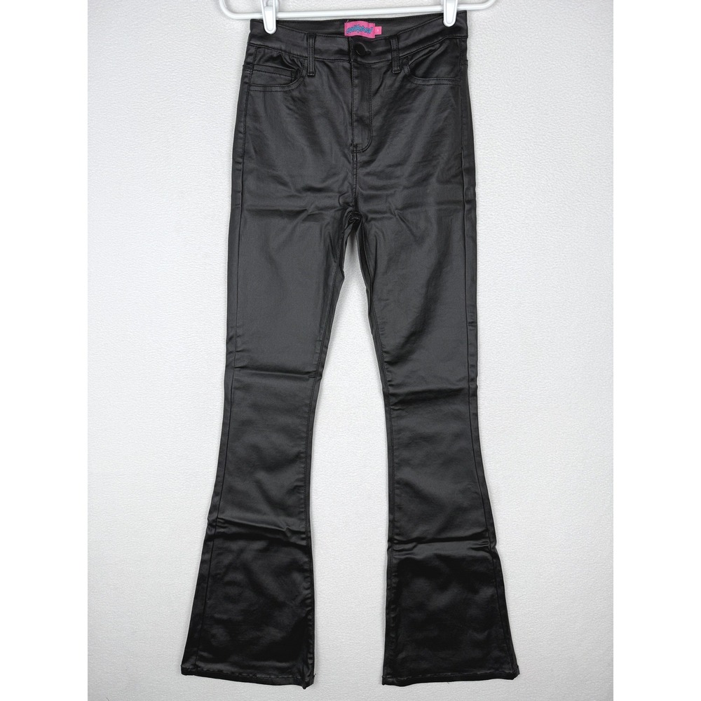 Edikted Pants Womens M Black Coated Flare High Waisted Faux Leather Y2K Goth